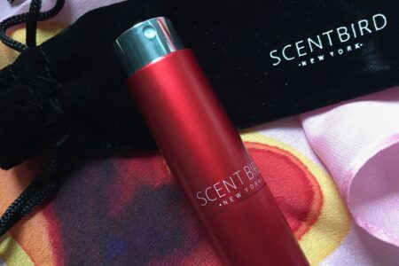 open red atomizer from Scentbird fragrance subscription service, neversaydiebeauty.com