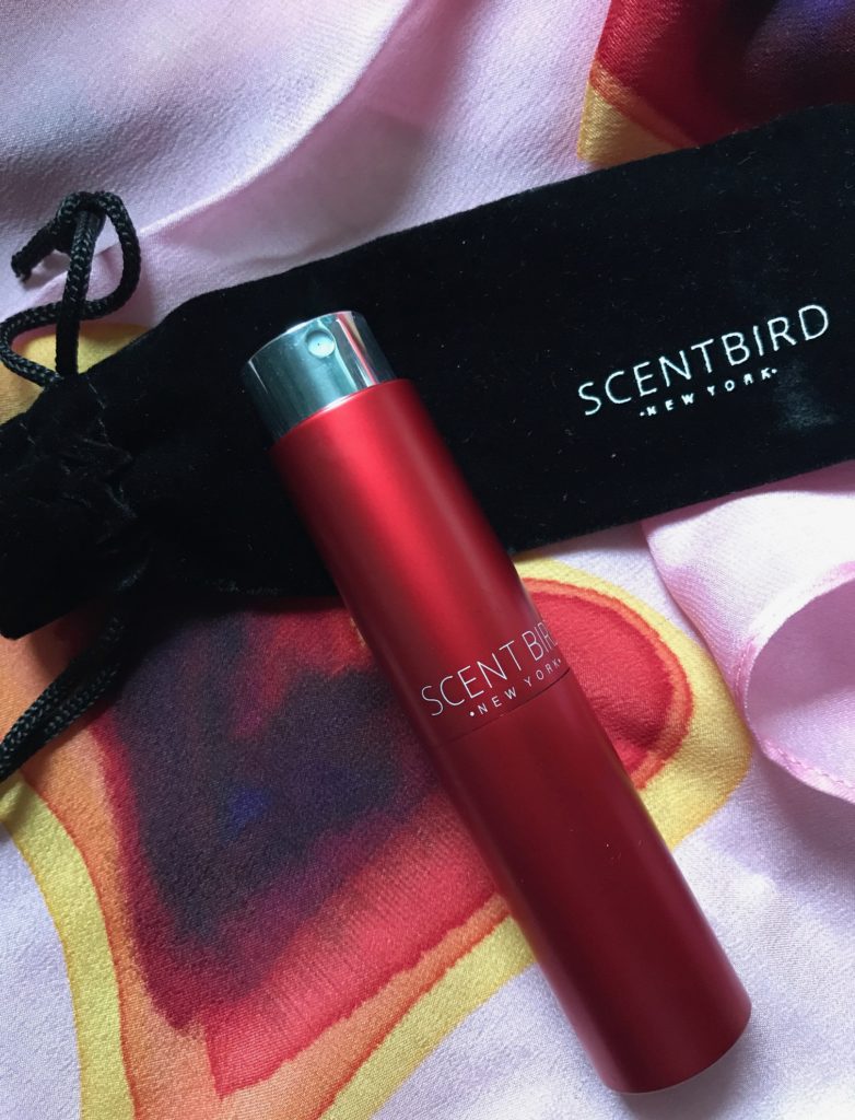 open red atomizer from Scentbird fragrance subscription service, neversaydiebeauty.com