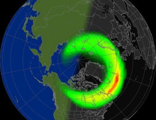 map showing where the aurora might be seen at a given time