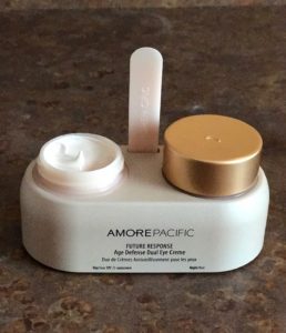 open jar of AmorePacific Future Response Age Defense Dual Eye Creme to show the day cream, neversaydiebeauty.com