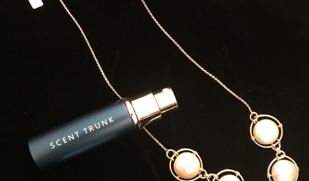 Scent Trunk fragrance atomizer with my pearl necklace, neversaydiebeauty.com