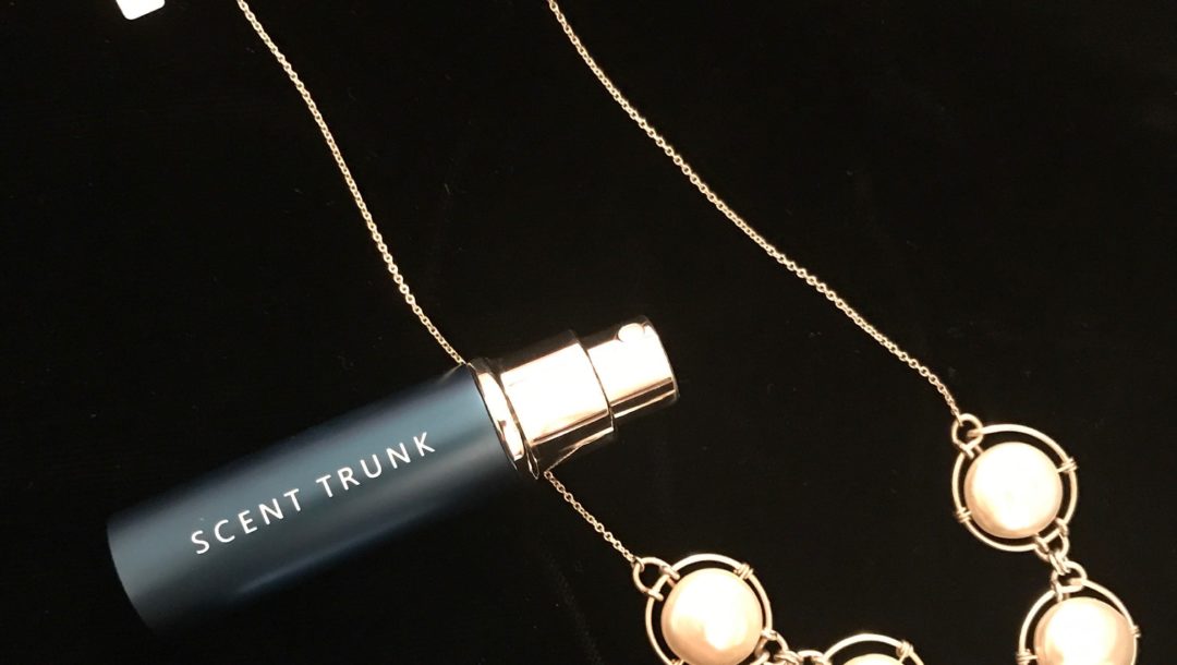 Scent Trunk fragrance atomizer with my pearl necklace, neversaydiebeauty.com
