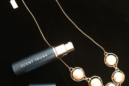 Scent Trunk fragrance atomizer with my pearl necklace, neversaydiebeauty.com