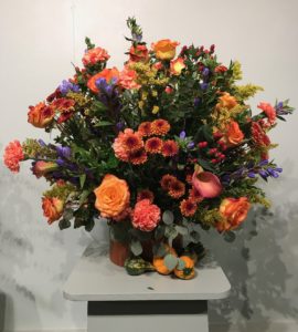orange floral arrangement Topsfield Fair 2017, neversaydiebeauty.com