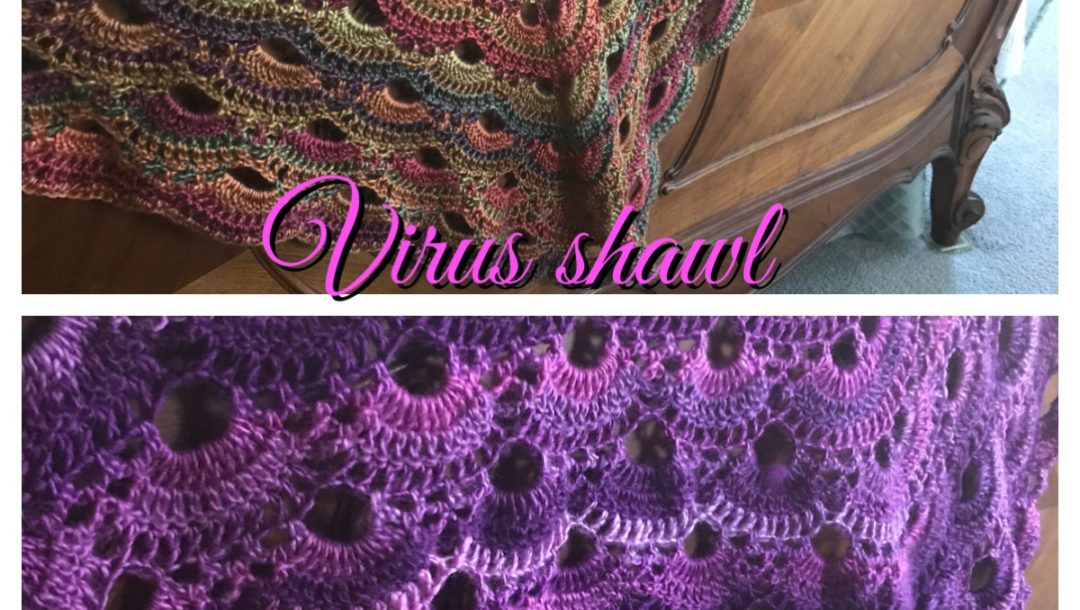 two crocheted virus shawls in different colorways, neversaydiebeauty.com