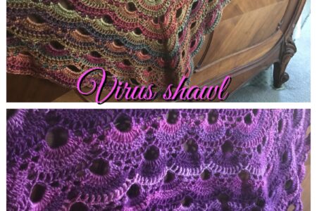 two crocheted virus shawls in different colorways, neversaydiebeauty.com