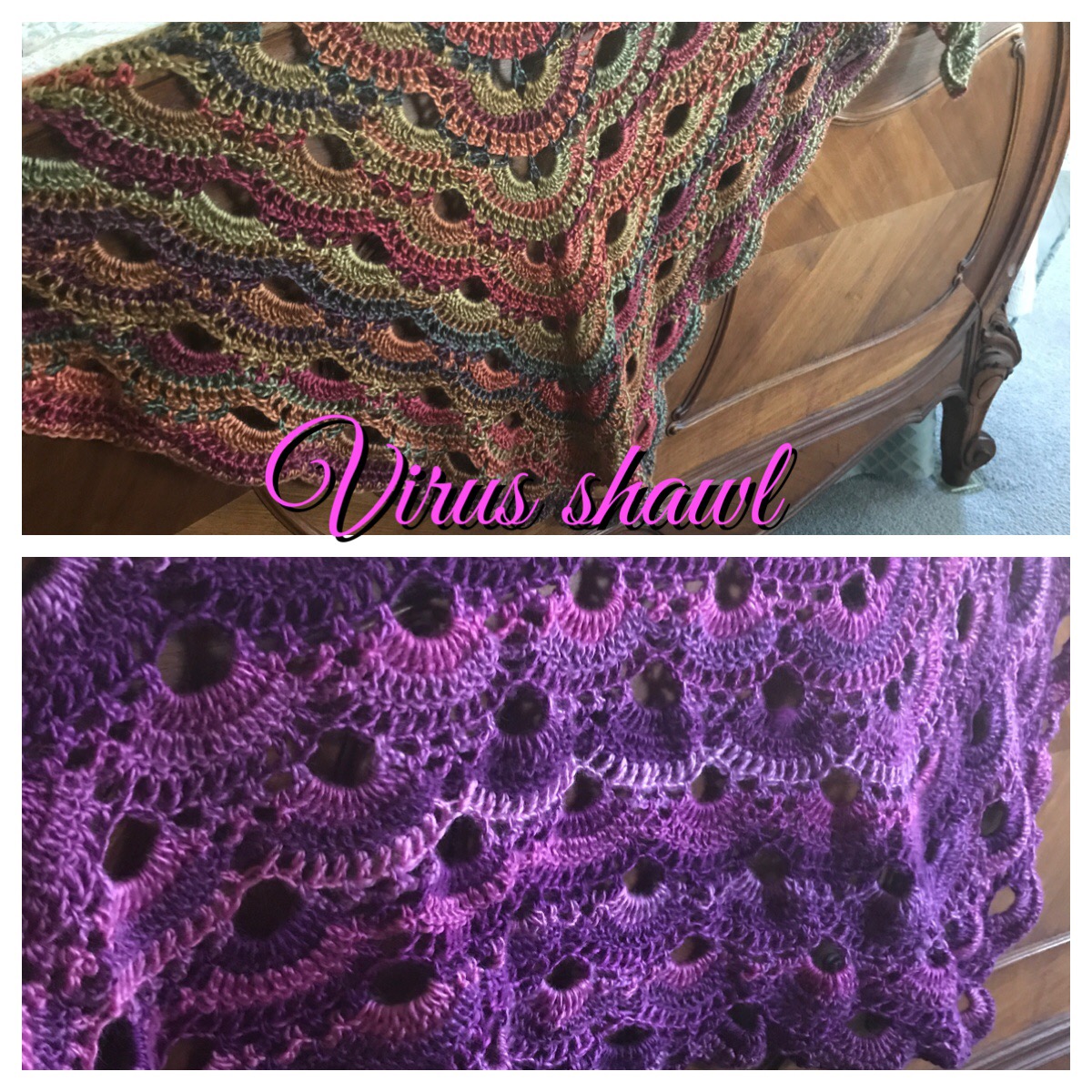 two crocheted virus shawls in different colorways, neversaydiebeauty.com