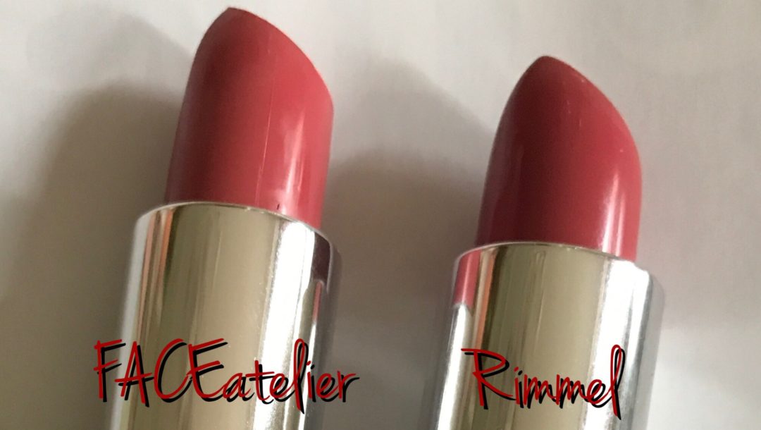 closeup of bullets of 2 coral lipsticks: FACE atelier & Rimmel Moisture Renew, neversaydiebeauty.com