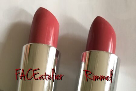 closeup of bullets of 2 coral lipsticks: FACE atelier & Rimmel Moisture Renew, neversaydiebeauty.com