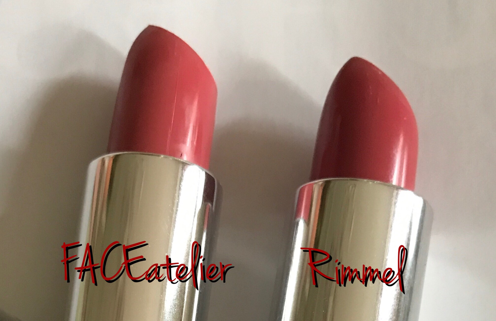 closeup of bullets of 2 coral lipsticks: FACE atelier & Rimmel Moisture Renew, neversaydiebeauty.com