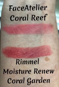 swatches of two coral lipsticks: FACE atelier Coral Reef and Rimmel Moisture Renew Coral Garden, neversaydiebeauty.com