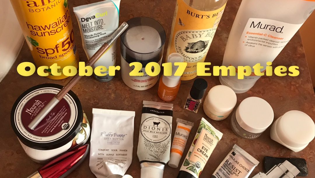cosmetics empties for October 2017 with title, neversaydiebeauty.com