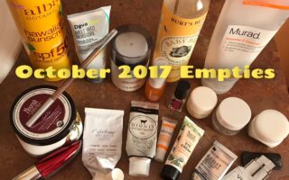 cosmetics empties for October 2017 with title, neversaydiebeauty.com