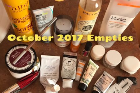 cosmetics empties for October 2017 with title, neversaydiebeauty.com