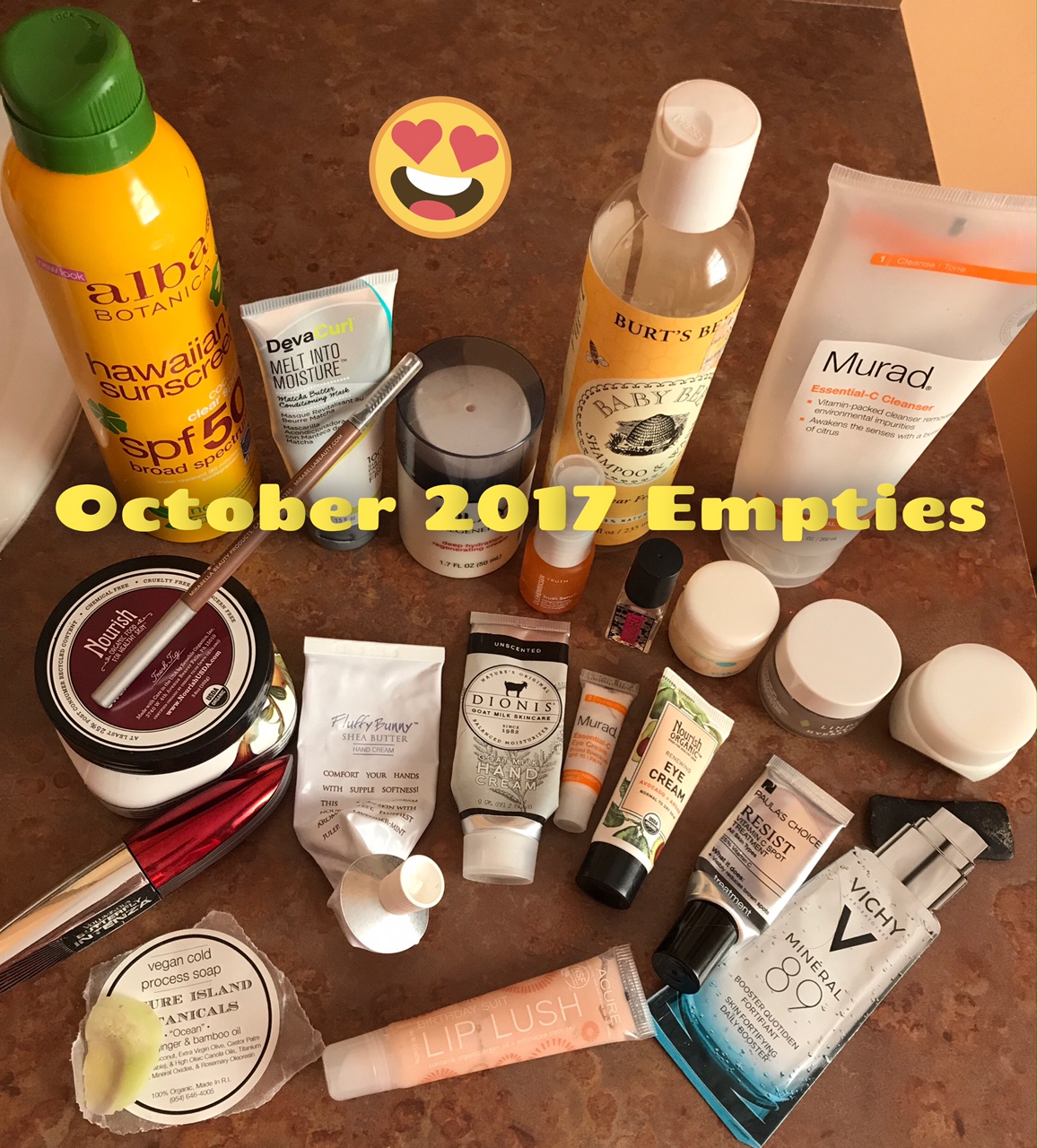 cosmetics empties for October 2017 with title, neversaydiebeauty.com