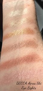 swatches of BECCA Apres Ski Eye Lights shadow palette in the sunlight, neversaydiebeauty.com