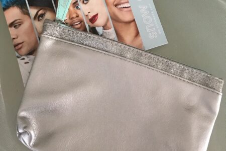 Ipsy Snow Glow silver faux leather makeup bag and product card, neversaydiebeauty.com