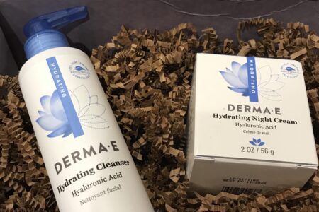 closeup of Derma E Hydrating Cleanser and Night Cream in the shipping box, neversaydiebeauty.com