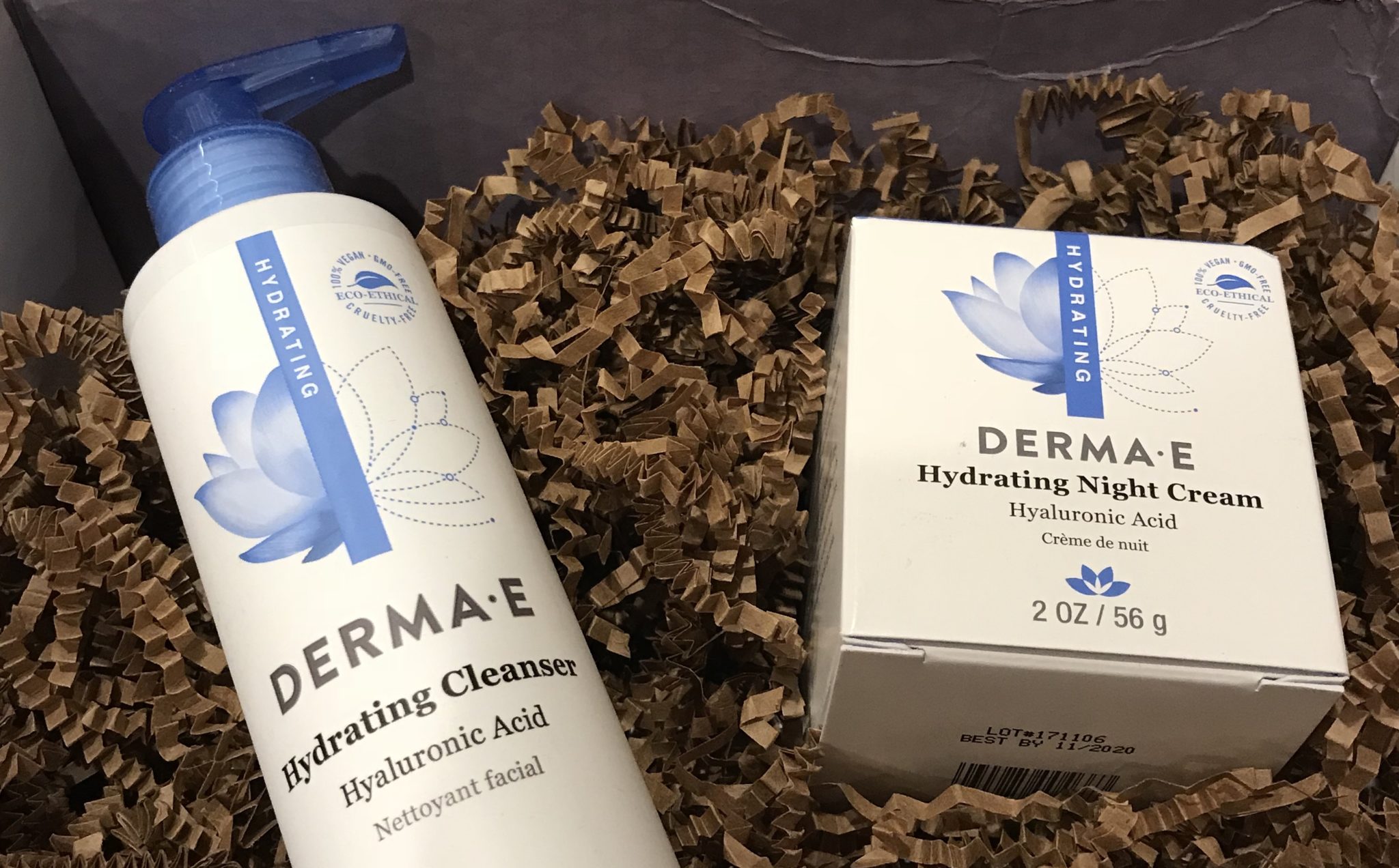 closeup of Derma E Hydrating Cleanser and Night Cream in the shipping box, neversaydiebeauty.com