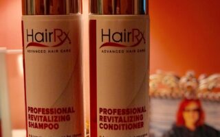 closeup of HairRx Shampoo and Conditioner bottles, neversaydiebeauty.com