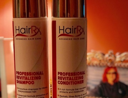closeup of HairRx Shampoo and Conditioner bottles, neversaydiebeauty.com