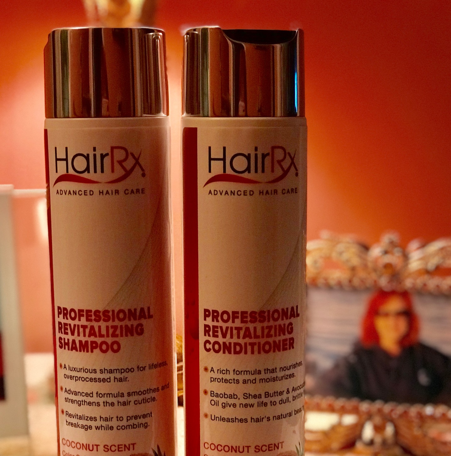 closeup of HairRx Shampoo and Conditioner bottles, neversaydiebeauty.com