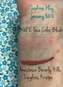 swatches: MUFE Face Color, shade blush & Anastasia Beverly Hills Lipgloss, shade Kristen, neversaydiebeauty.com