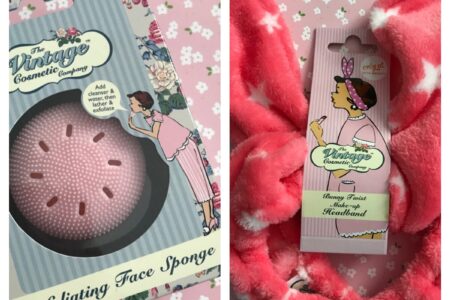 Vintage Cosmetic Company exfoliating face sponge and Bunny Twist Makeup Headband, neversaydiebeauty