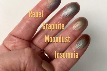 finger swatches of 4 Makeup Geek pressed eyeshadow shades, neversaydiebeauty.com