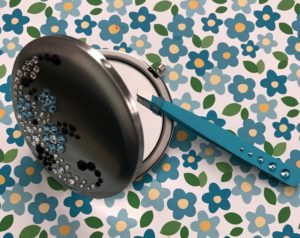 open crystal encrusted Mont Bleu purse compact mirror with tweezers, neversaydiebeauty.com