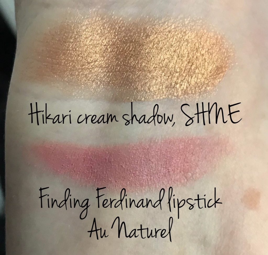 swatches of Hikari Cream Shadow in SHINE a copper shade and Finding Ferdinand lipstick in shade Au Naturel, a nude pink, neversaydiebeauty.com