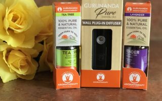 Gurunanda Natural Mist portable diffuser and lavender and tea tree essential oils in their outer packaging, neversaydiebeauty.com