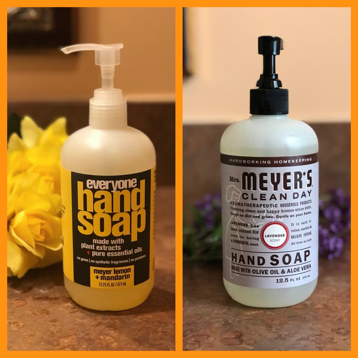 hand soaps from EO Everyone and Mrs. Meyers, neversaydiebeauty.com