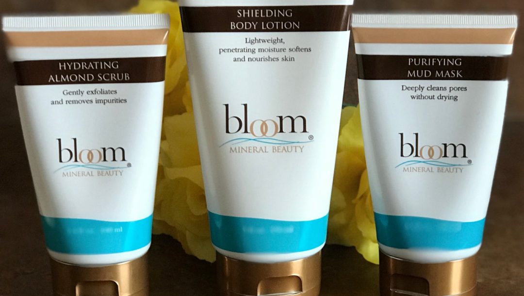 Bloom Minerals Hydrating Almond Scrub, Shielding Body Lotion and Purifying Mud Mask tubes, neversaydiebeauty.com