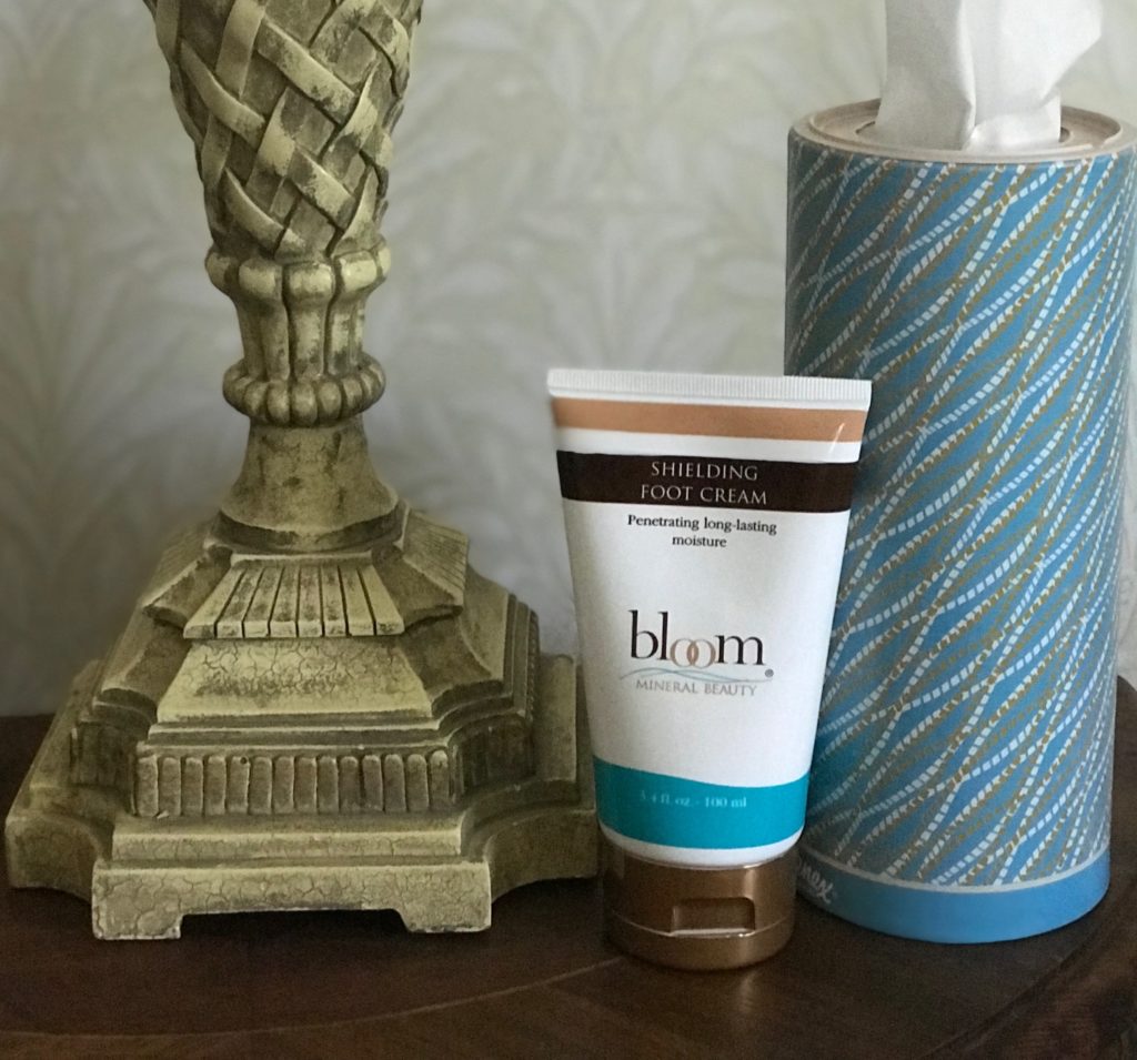 Bloom Minerals Shielding Foot Cream tube on my night table, neversaydiebeauty.com