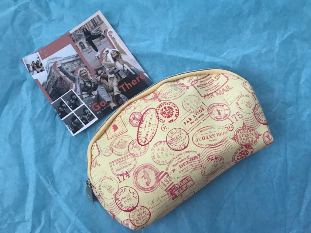 Ipsy makeup bag for May 2018 with "Go There" theme card