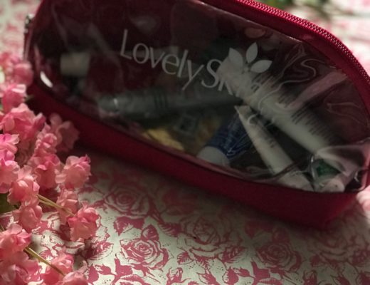 makeup bag with skincare travel samples from LovelySkin.com, neversaydiebeauty.com