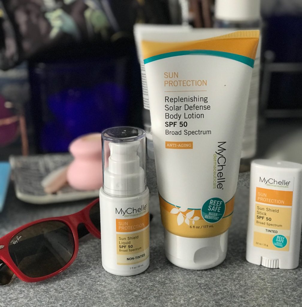 3 new zinc oxide sunscreens from MyChelle Dermaceuticals: Sun Shield Liquid and Stick and Replenishing Solar Defense Body Lotion, all SPF 50