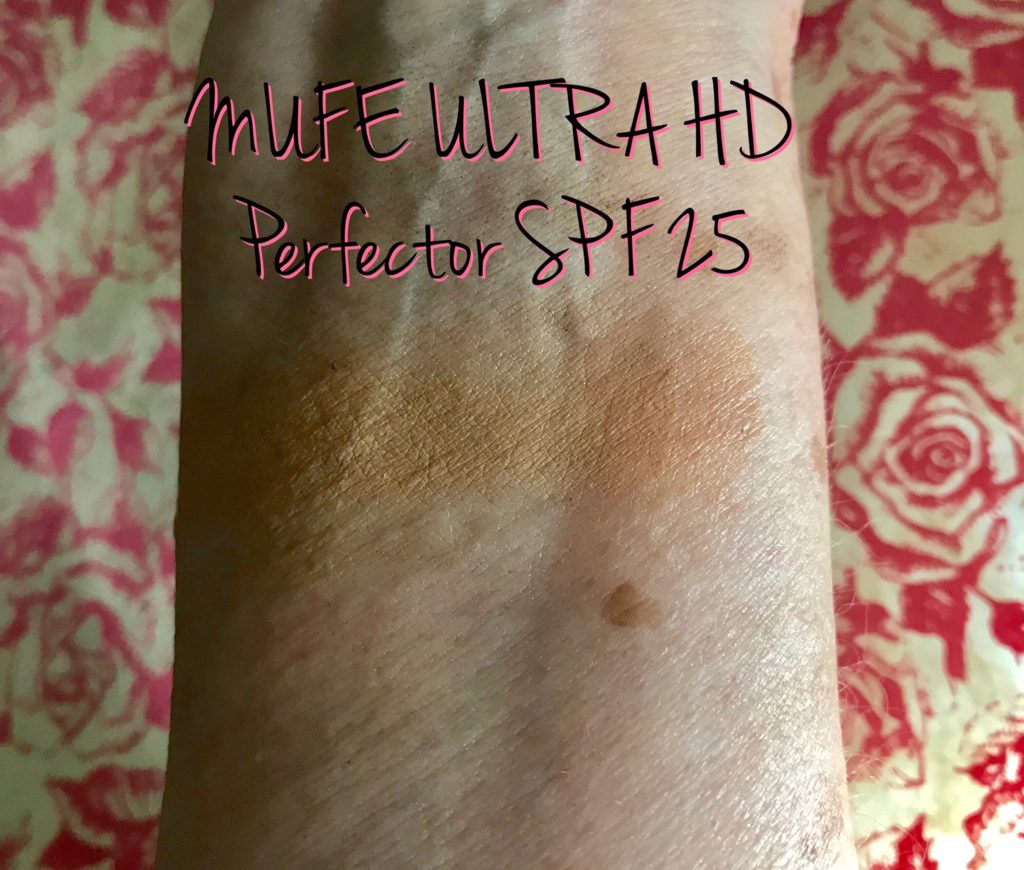swatch of MUFE Ultra HD Blurring Skin Tint SPF 25, neversaydiebeauty.com