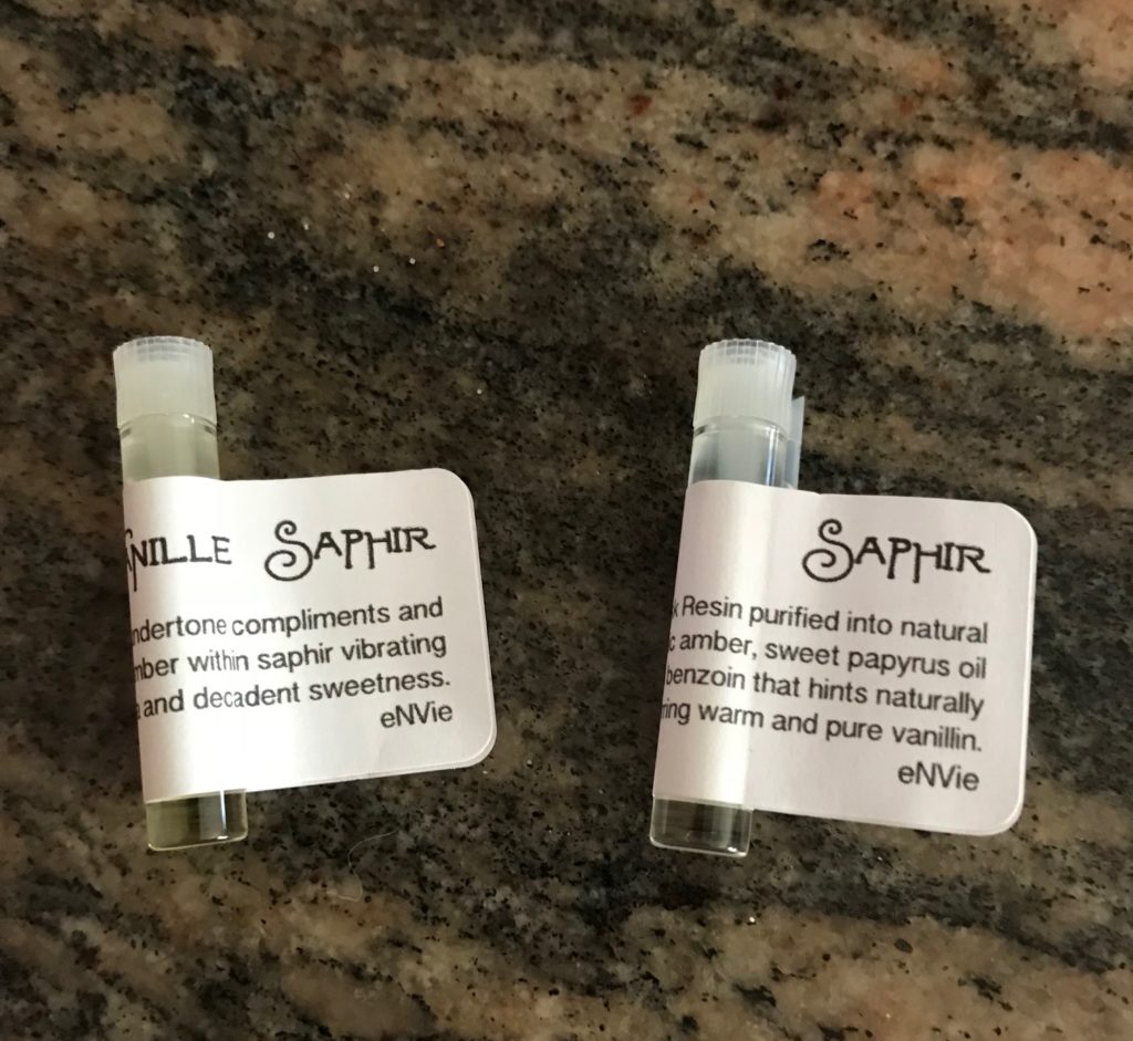 two little vials of perfume oil: Saphir and Vanille Saphir by eNVie, neversaydiebeauty.com