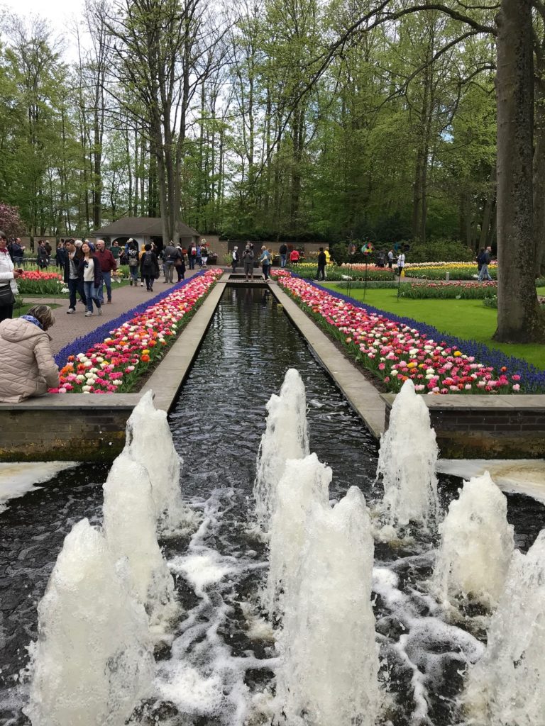 water feature at Keukenhof with bordered tulips on either side of the canal, neversaydiebeauty.com