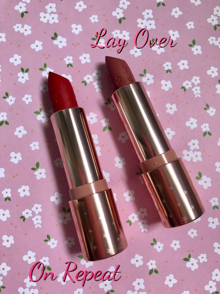 ColourPop Lux lipsticks with the bullets showing, shade On Repeat (red) and Lay Over (neutral), neversaydiebeauty.com