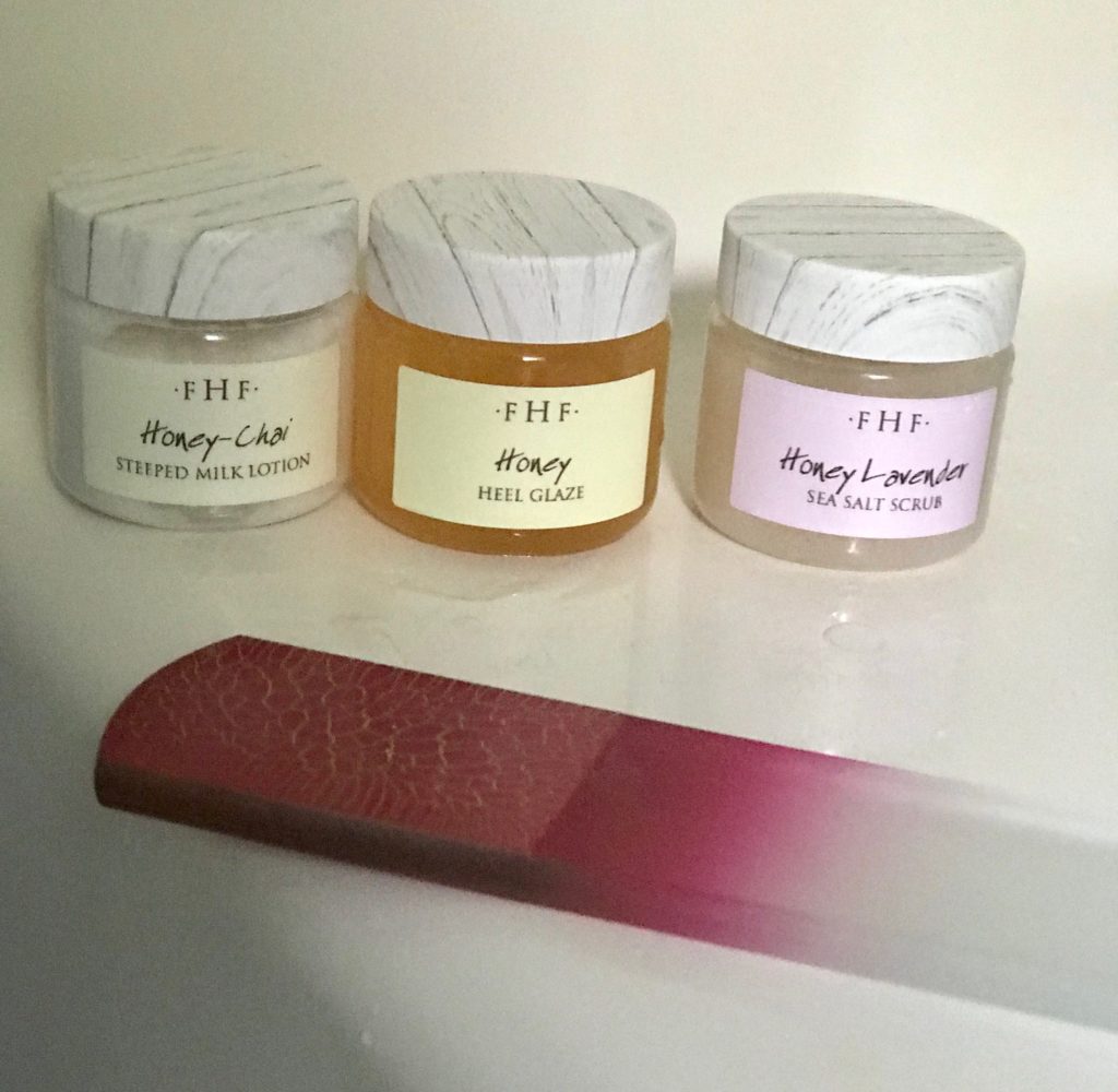 3 mini jars from Farmhouse Fresh Instant Pedicure Sampler and glass foot file from Mont Bleu, neversaydiebeauty.com