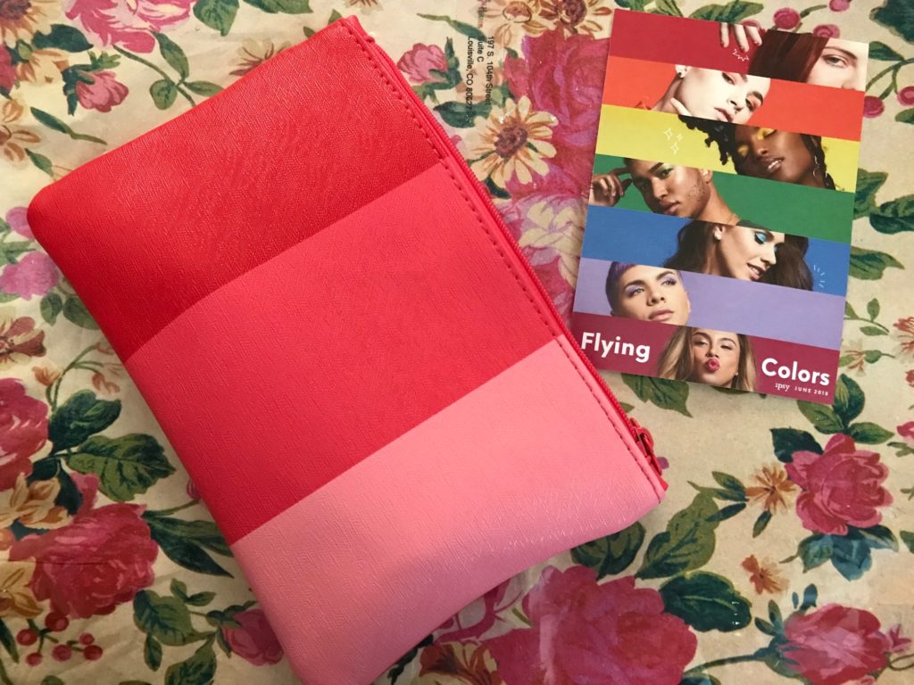 pink, salmon & coral makeup bag and theme card from Ipsy Flying Colors June 2018