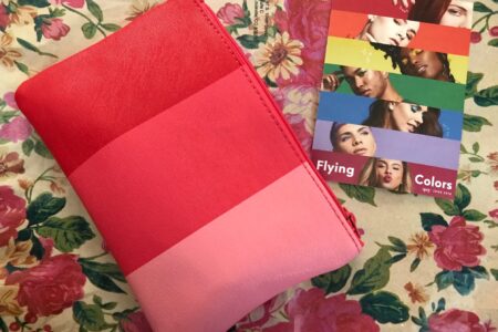 pink, salmon & coral makeup bag and theme card from Ipsy Flying Colors June 2018