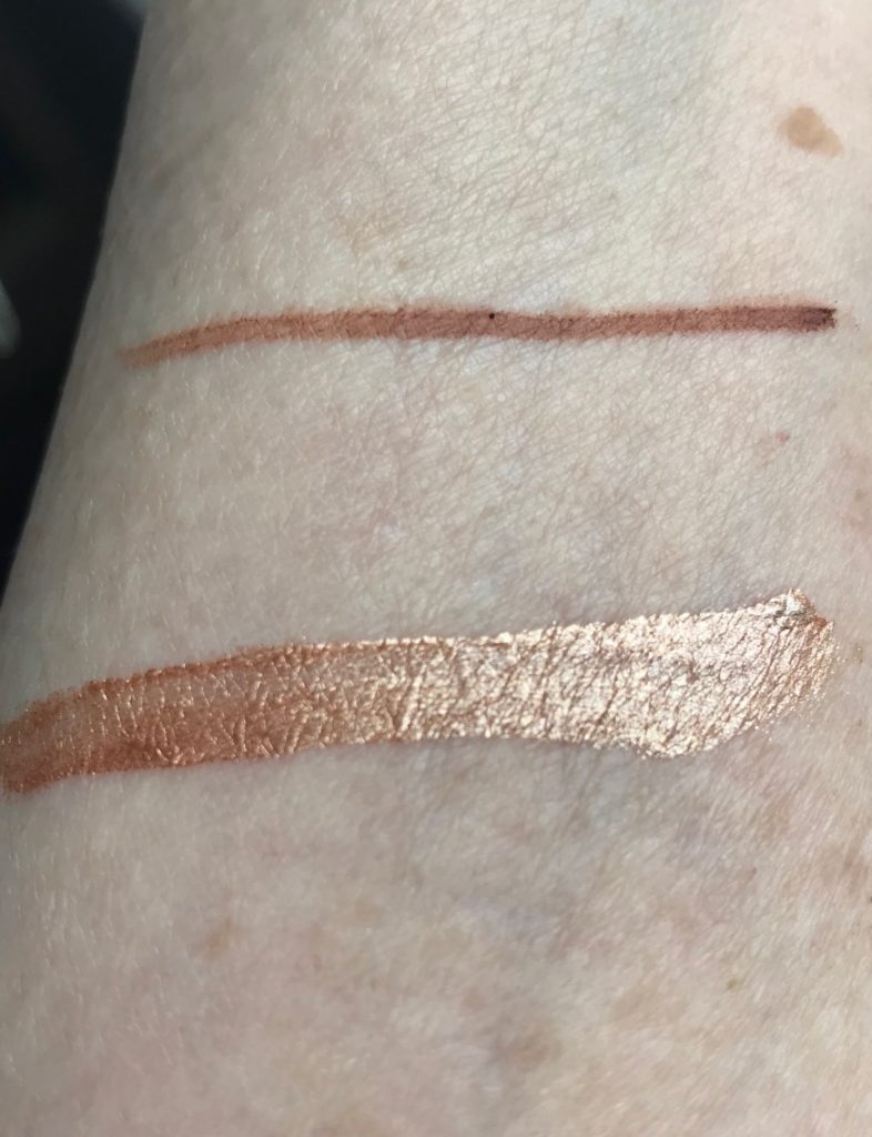 swatches of Profusion lip liner in mauve/terracotta shade Matte Barre, and Metal Matte Lip Creme in rose gold shade, Matte Lux, neversaydiebeauty.com