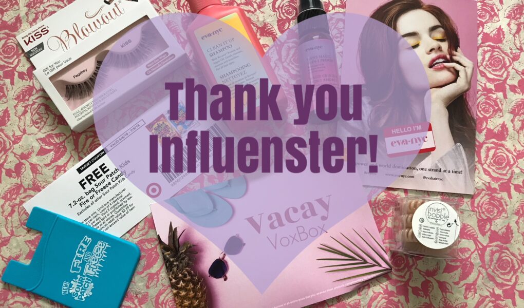 contents of my Influenster Vacay box of beauty products and the words, Thank you Influenster, neversaydiebeauty.com