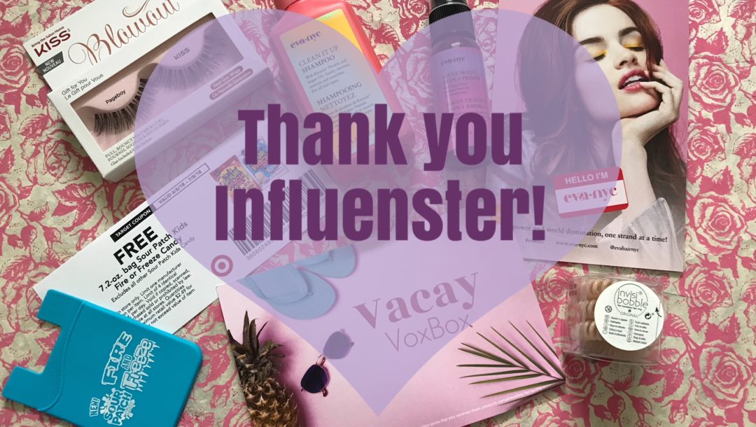 contents of my Influenster Vacay box of beauty products and the words, Thank you Influenster, neversaydiebeauty.com
