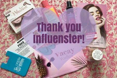 contents of my Influenster Vacay box of beauty products and the words, Thank you Influenster, neversaydiebeauty.com