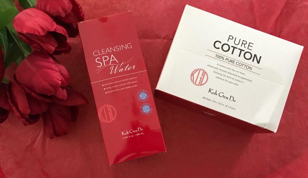 Koh Gen Do Cleansing SPA Water in outer packaging and box of Pure Cotton Pads, neversaydiebeauty.com
